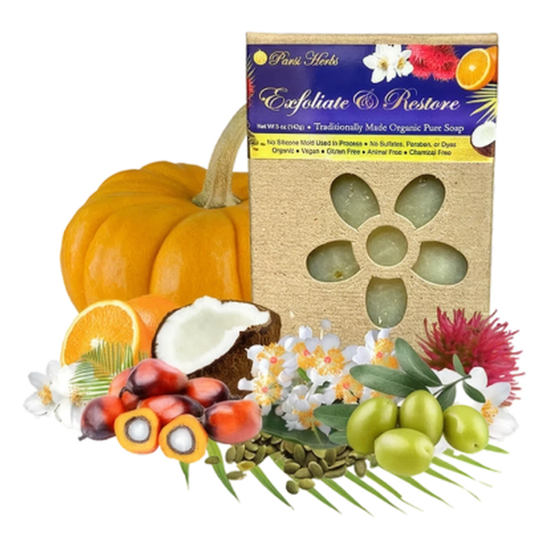 Exfoliate and Restore Soap packaging, photographed by Parsi Herbs