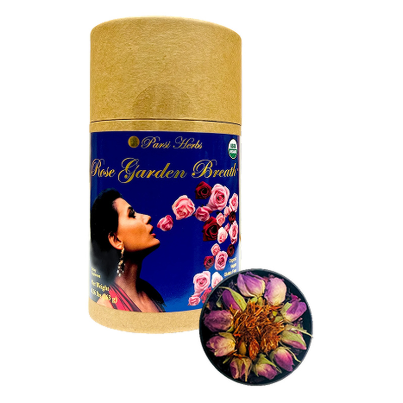 Rose Garden Breath Tea packaging, photographed by Parsi Herbs